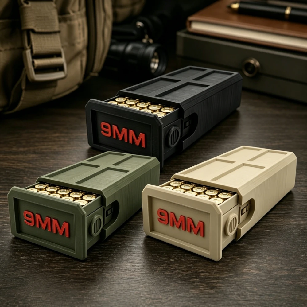 3D-Gedruckte 9MM Munitions-Organizer-Box 50 Schuss Hohe Kapazität Schubladendesign Taktischer Stil Desktop-Kugelorganizer