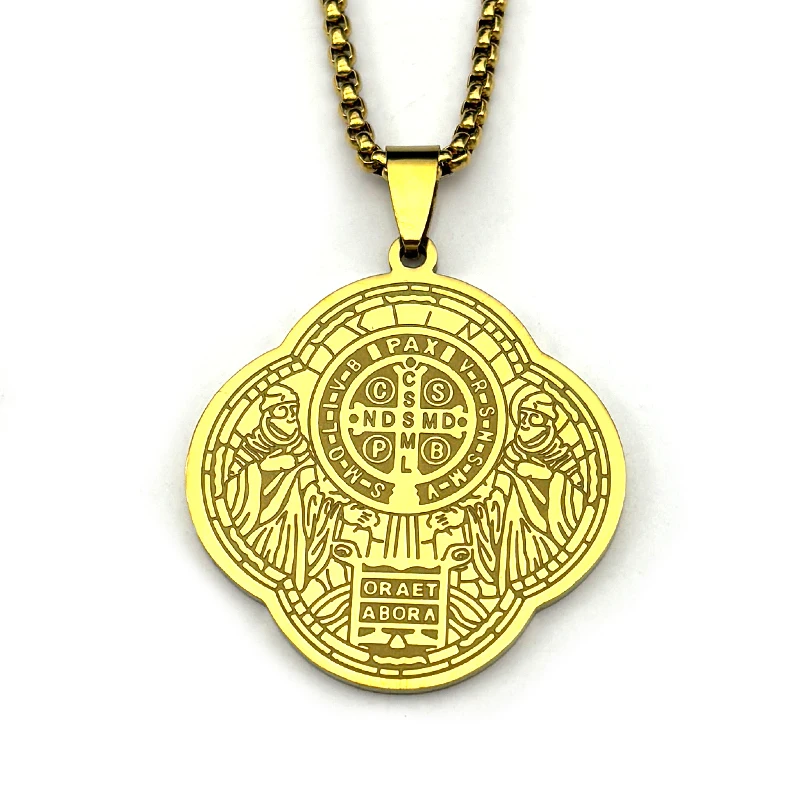 الكاثوليكية سانت بنديكت البرسيم ميدالية قلادة من الفولاذ المقاوم للصدأ للنساء الرجال الذهب اللون عبر سلسلة الصلاة مجوهرات سان بينيتو