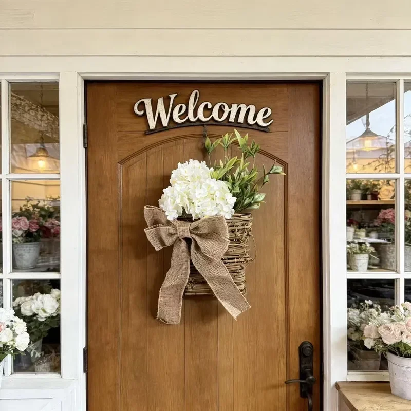 Hot Selling Rattan Hydrangea Flower Basket Artificial Floral Wall Hanging Pastoral Door Decor Home Ornament Simulation Art
