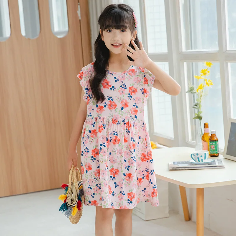 2024 Summer Teenager Girl Princess Kids Clothes Dresses Vestidos chiffon Floral leaf off shoulder sleeveless 6 8 9 10 12 14 Year