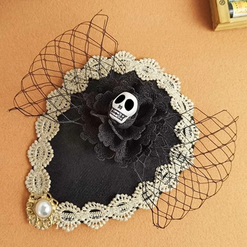 Épingle à cheveux en dentelle tridimensionnelle rétro pour spectacle sur scène, tête mort, nœud papillon, mini chapeau, pour