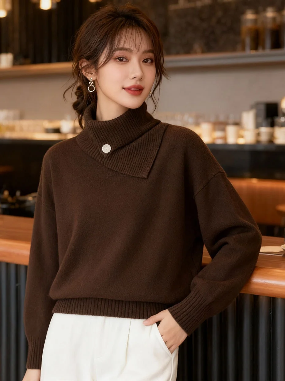 

Caramel Thickened High Collar Women's Knitted Sweater Loose Irregular Autumn Winter Leisure Style Inner Wear Soft Top