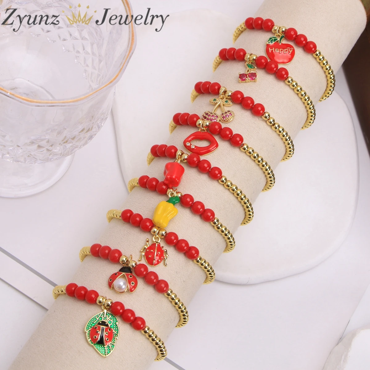 5PCS, New Arrival Lips Cherry Shape Stylish Red Round Beaded Bracelets Cute Jewelry Gift