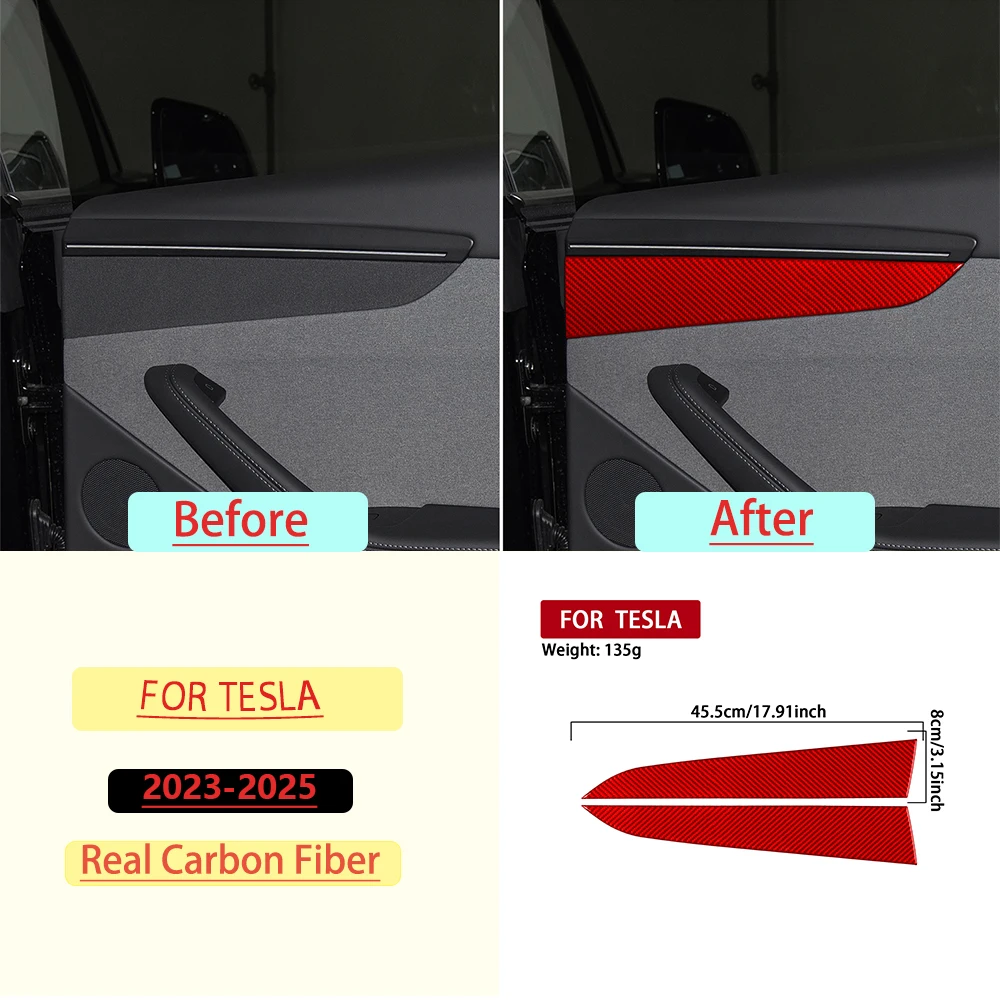 For Tesla Y 2023—2025 Car Rear Door Inner Panel Trim Red Real Soft Carbon Fiber Interior Car Accessories Decoration Stickers