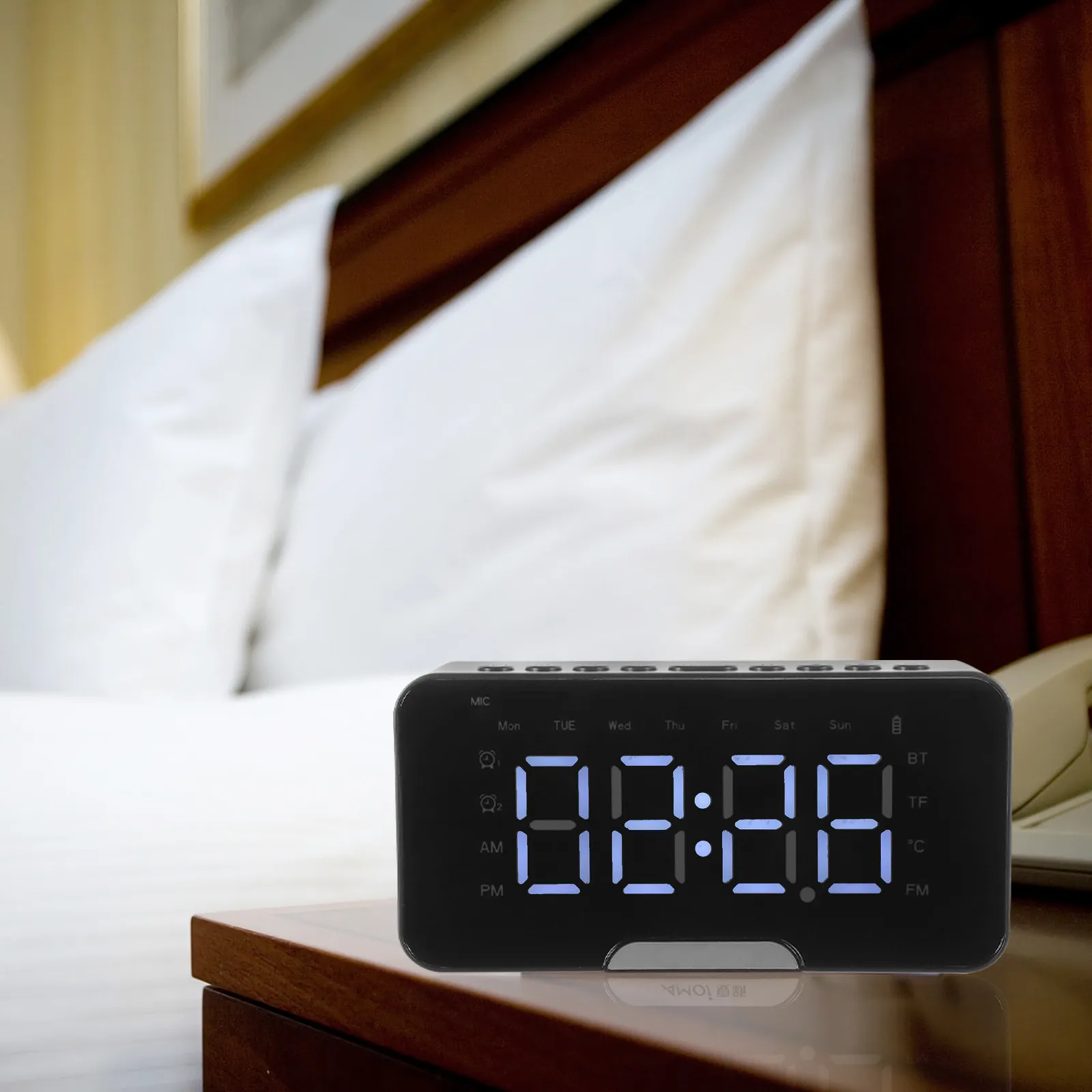 A5 Digital Alarm Clock Radio Am Fm Band Bright LED Display Crystal Clear Numbers Snooze Timer Sleep Off Function Mirror Design