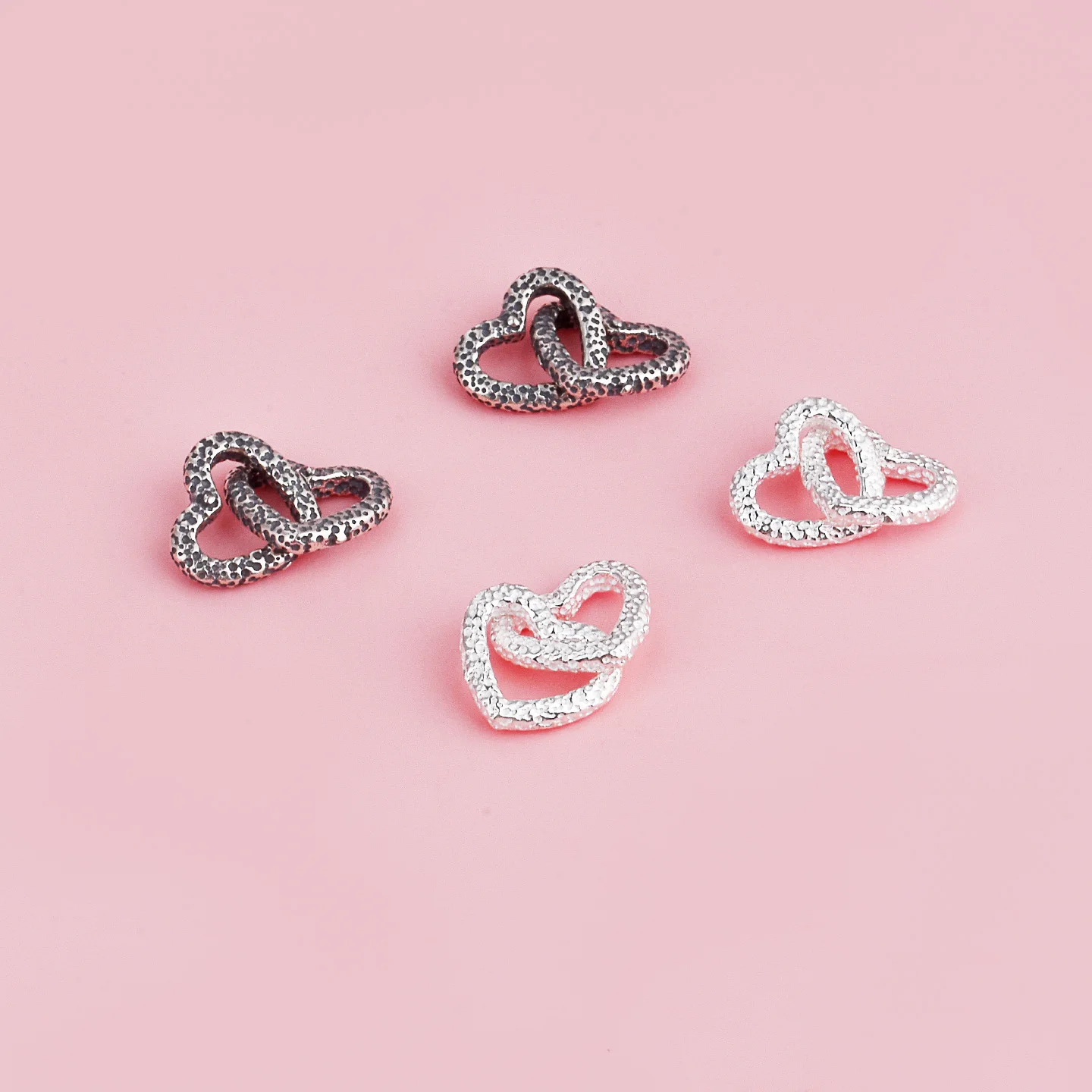 S925 pure silver double heart closure ring with raised hammer pattern DIY braided string bracelet divider accessory