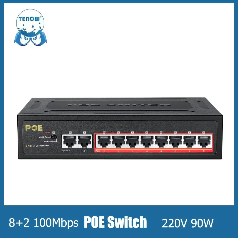 Switch POE TEROW Link TE204 Switch di rete POE a 10 porte 100Mbps alimentatore integrato 52V 93W 8 + 2 Switch Ethernet veloce VLAN