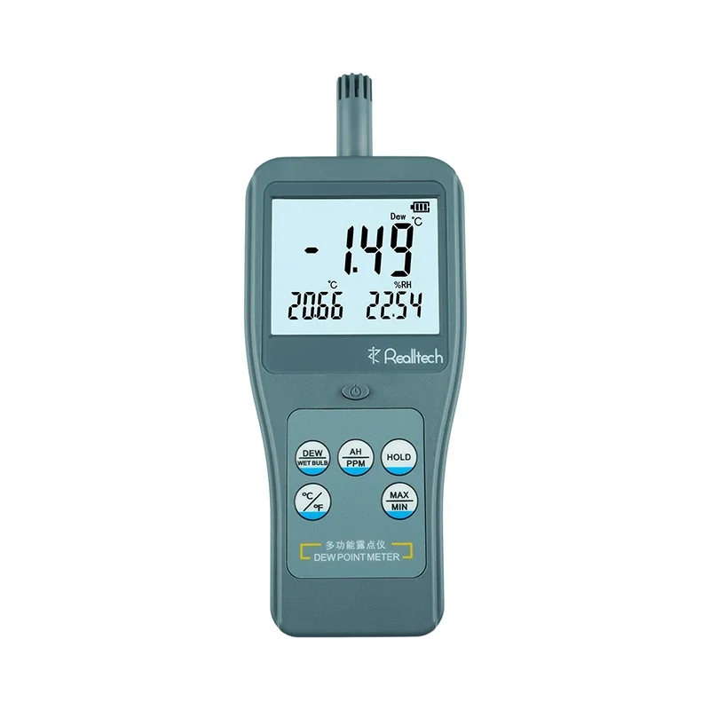 

Dew Point Meter Ambient Wet Bulb Relative Absolute Humidity PPMv Temperature And Humidity Meter RTM2610