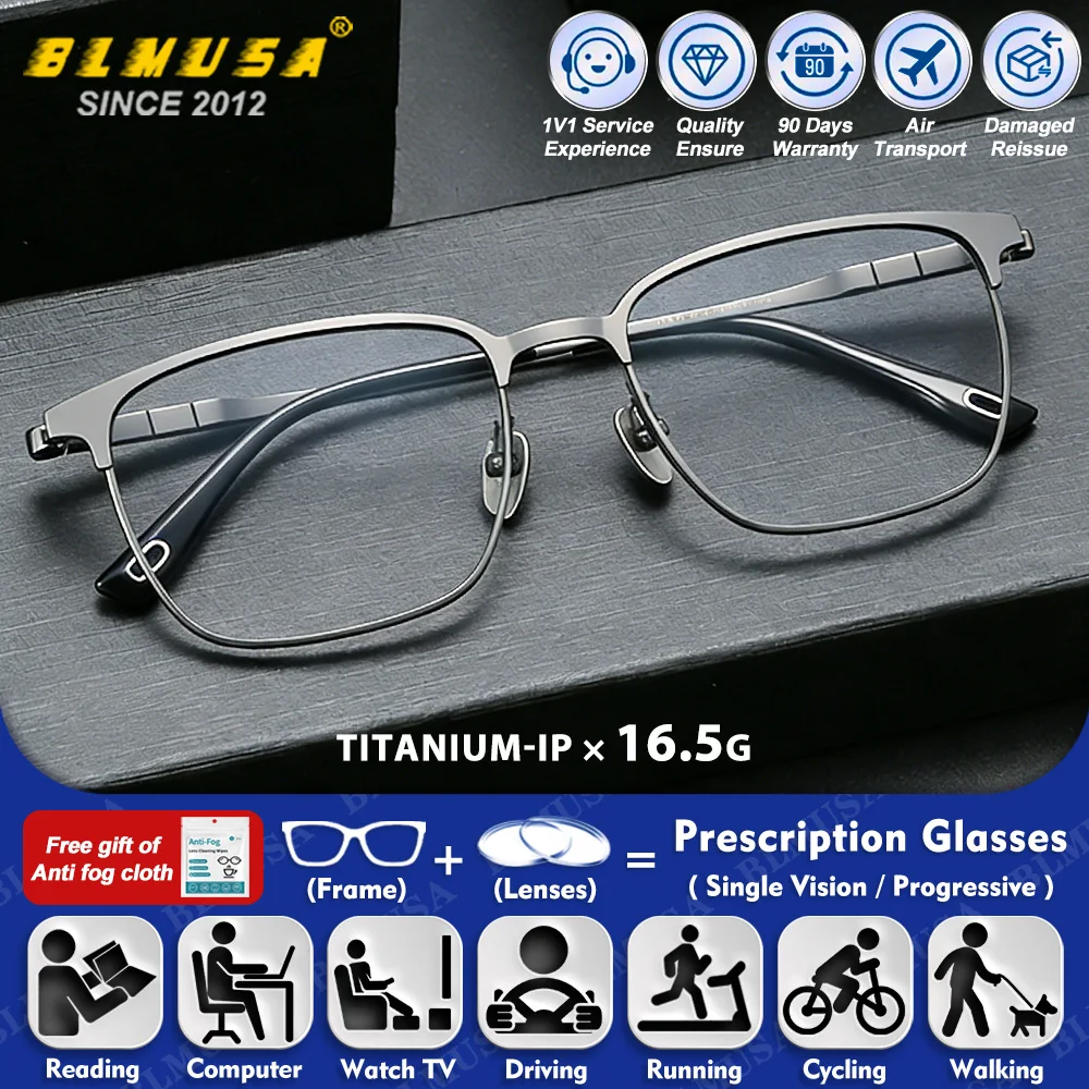 

BLMUSA (L) Business Titanium Square Reading Prescription Glasses Men Anti Blue Light Myopia Photochromic Progressive Eyeglasses