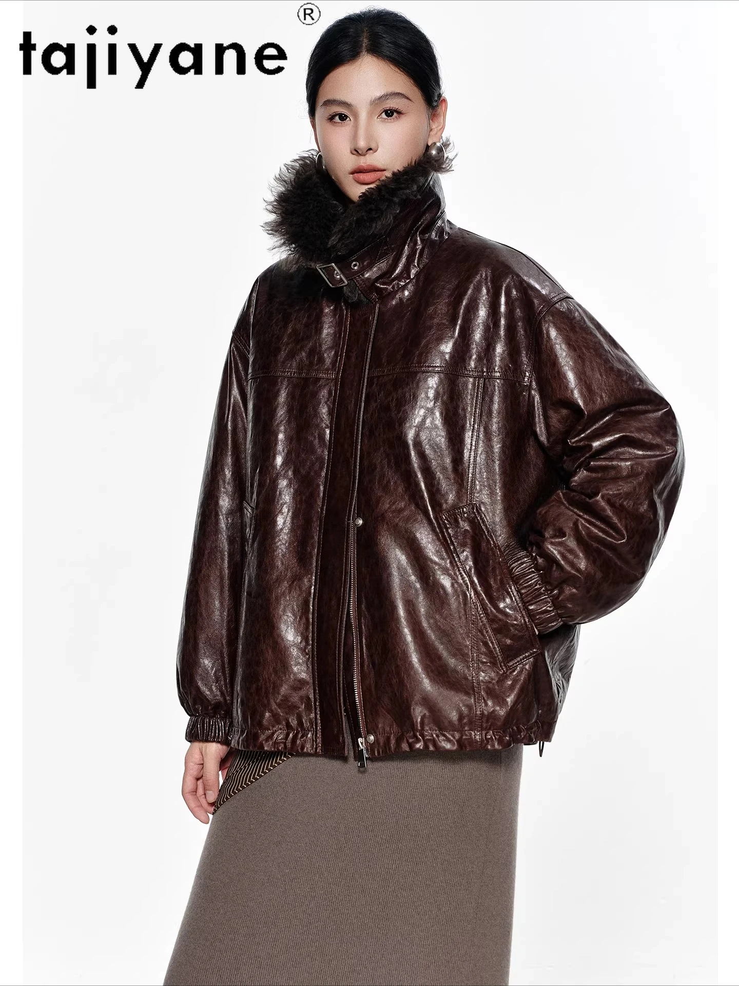 TAJIYANE جلد الغنم أوزة أسفل معطف امرأة الصوف طوق سترات منتفخة قصيرة سترة جلدية حقيقية الشتاء ملابس حريمي 2025 schuba