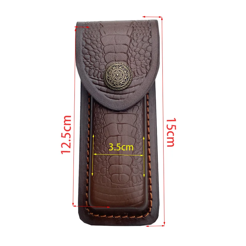 15 CM Foling Knife Holder Embossed Cowhide Scabbard Pocket Knife Cover Leather Sheath Case Camping Knife Holsters Belt Buckle