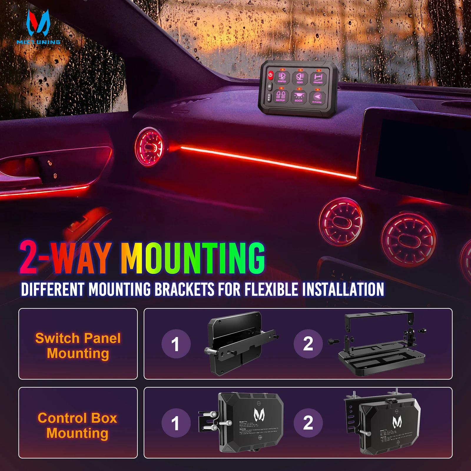MICTUNING RGB 6 Gang Switch Panel 12V 24V with Backlit Off Adjustable RGB Colors Brightness Pulsed Switch Pod for Truck Car Boat