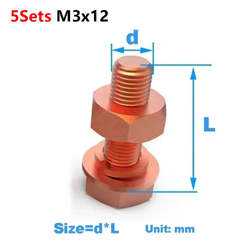 2-5Sets M3-M16 Red Copper Hex Bolt Set 6-130mm T2 Red Copper External Hexagonal Bolt Flat Washer Spring Washer
