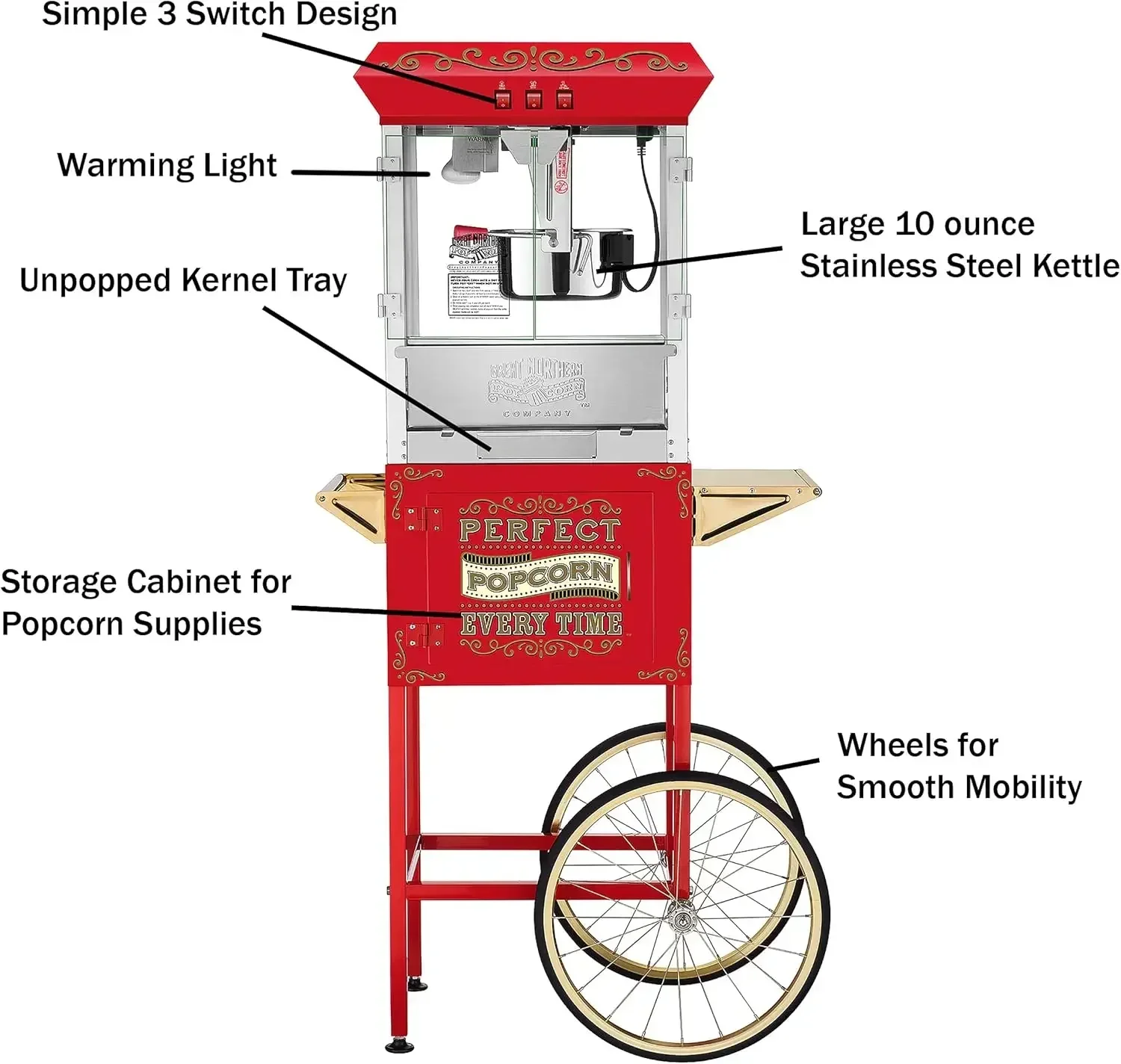 Popcorn Perfect Popper Popcorn Machine with Cart and Stainless-Steel Kettle, Warming Light, and Accessories, 10oz