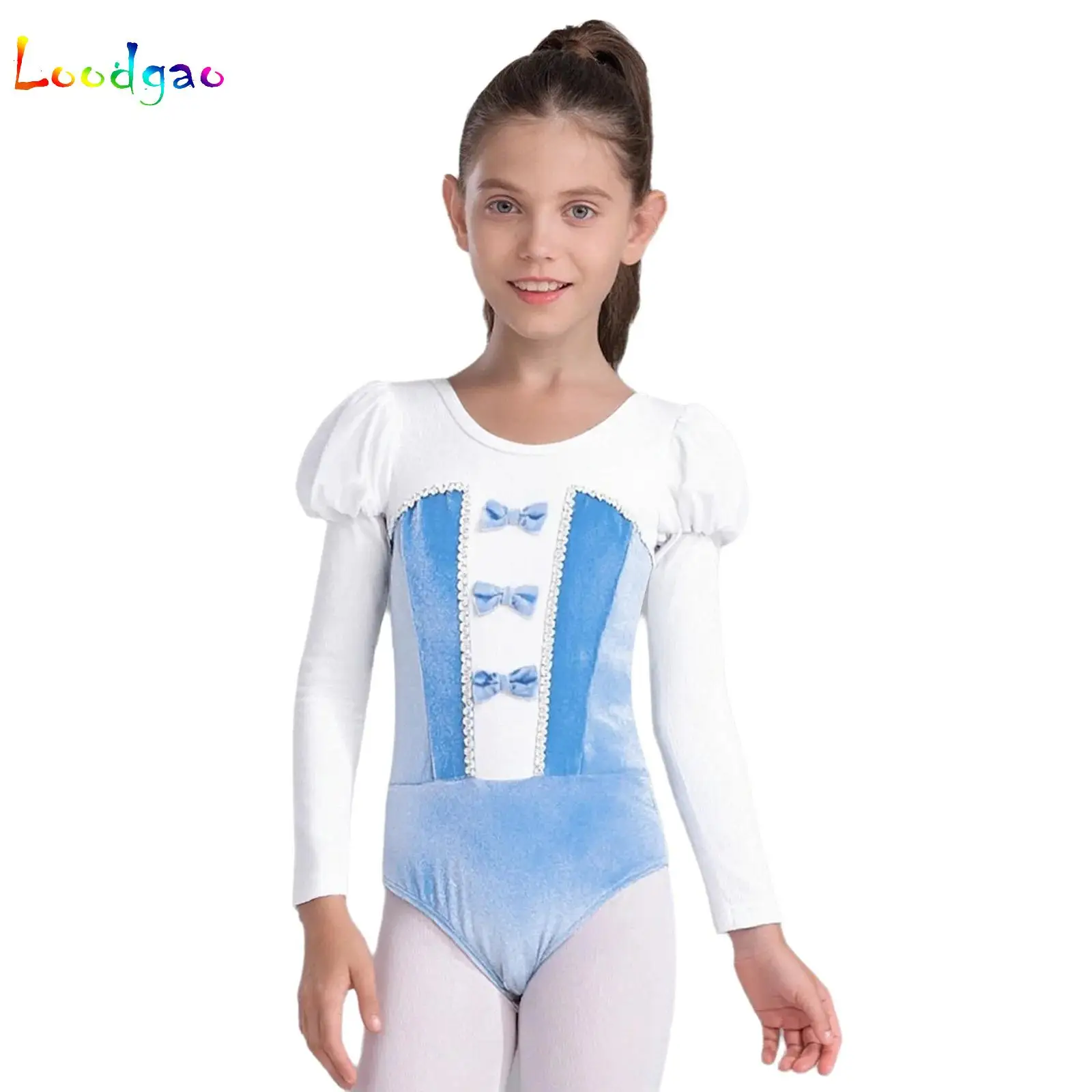 

Girls Ballet Dress Children's Dance Clothes Kid Round Neck Puff Long Sleeves Velvet Patchwork Color Block Bodysuit Training Wear