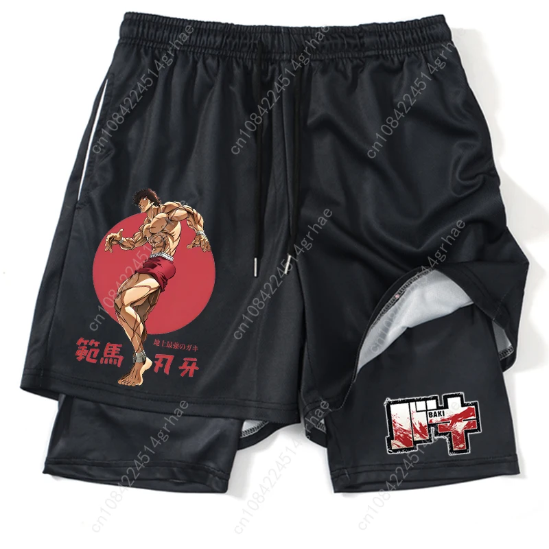 شورت رياضي مطبوع عليه الرسوم المتحركة باللون الأسود للرجال 2 في 1 شورت شبكي سريع الجفاف للرجال لكمال الأجسام واللياقة البدنية والجري سروال قصير صيفي