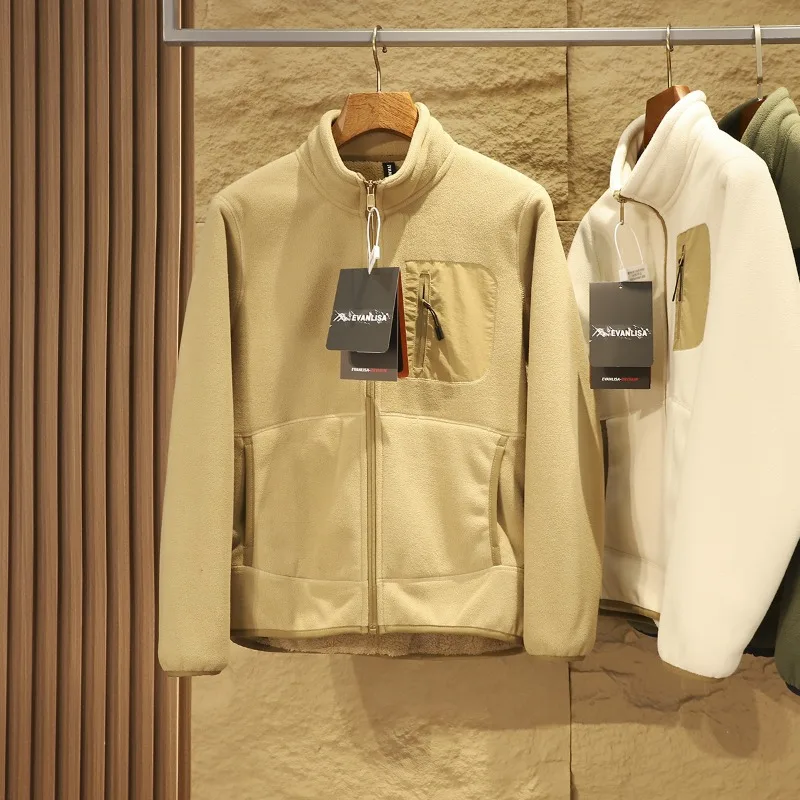 Japanese Minimalist Winter Polar Fleece Warm Jacket Men Fleece Composite Thickened Warm Stand Collar Plush Windproof Zipper Coat
