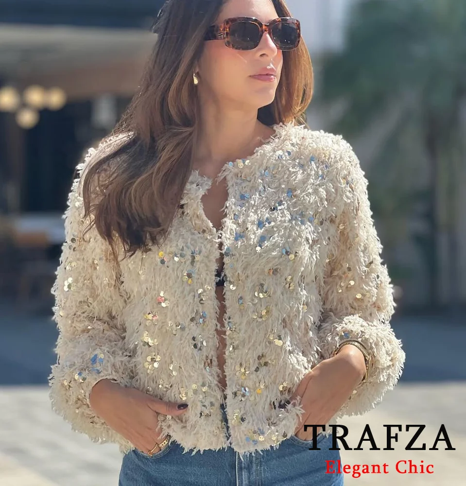 

TRAFZA женская романтическая куртка с блестками и перьями, куртка-кардиган с круглым вырезом, новинка 2025, модная весенне-осенняя элегантная уличная куртка