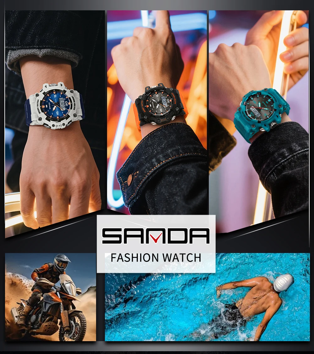 SANDA SD6291 ساعة كوارتز إلكترونية رياضية للرجال مقاومة للصدمات ومقاومة للماء وتقويم مضيء وساعات رقمية كاجوال للرجال