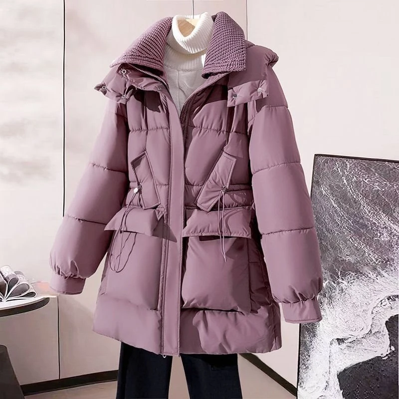 2025 겨울 신상 니트 칼라 스플라이싱 솔리드 컬러 허리 슬림 두꺼운 면 재킷 여성용