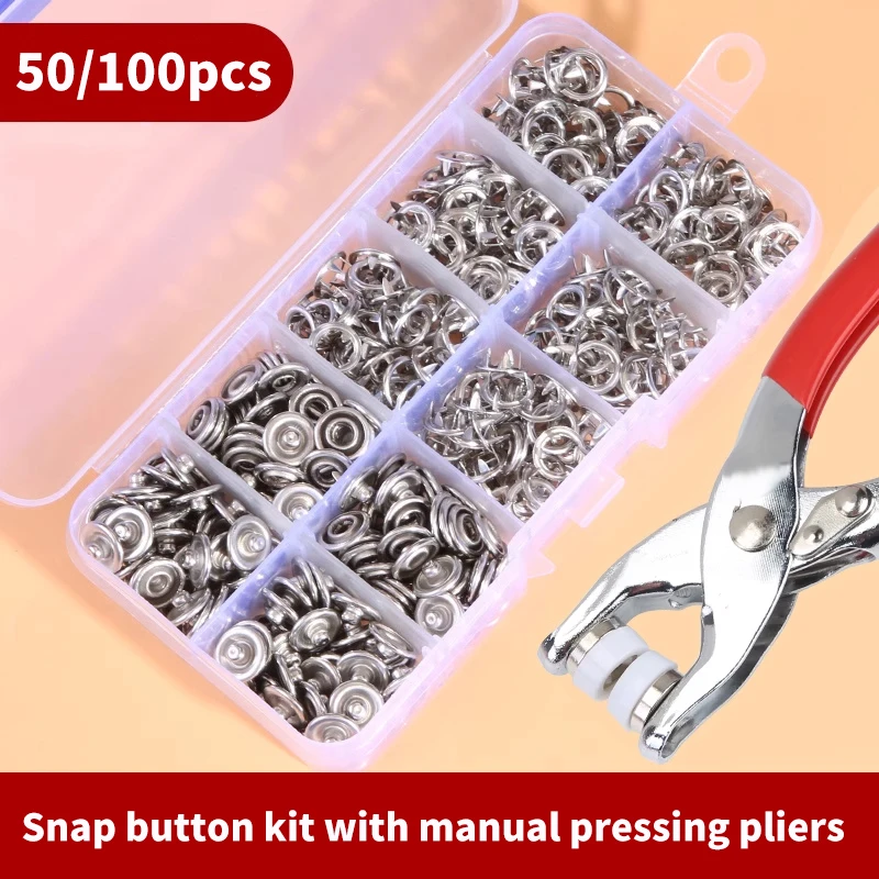 50/100pcs Metal Prong Snap Button Hollow Press Prong Fastener with Pliers Tool Set Kits for Clothes Garment Sewing Bags Shoes