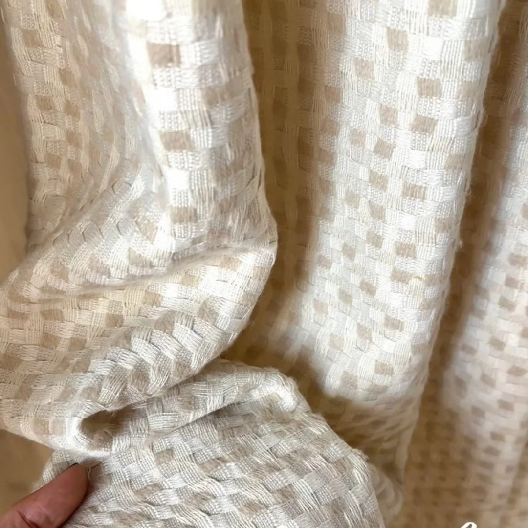 Mid‑Century Woven Check Textured Blackout Curtain Cream Beige Window Drapes