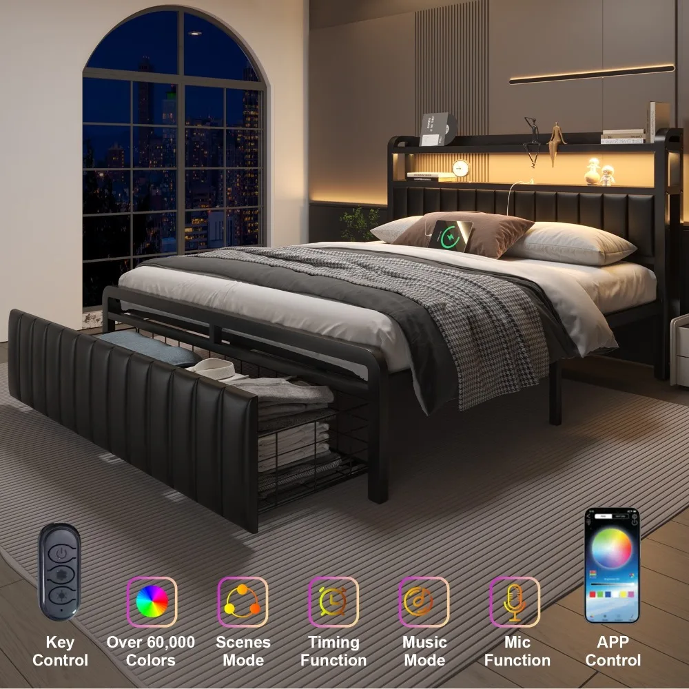 LED Bed Frame with Storage and Charging Station
