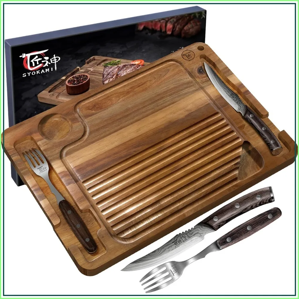 

Acacia Wood Steak Board Set with Non-Serrated Knife and Fork, Sauce Well, Juice Groove, Utensil Slots, Wooden Steak Plate Gift for Steak Lovers