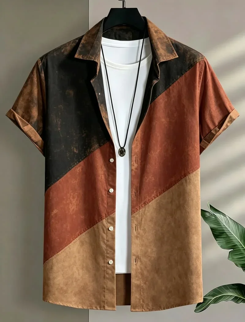 Men Color Block Shirt Short Sleeve Geometric Patchwork Casual Summer Loose Soft Modern Novelty Trendy Cool Fashion Essentials