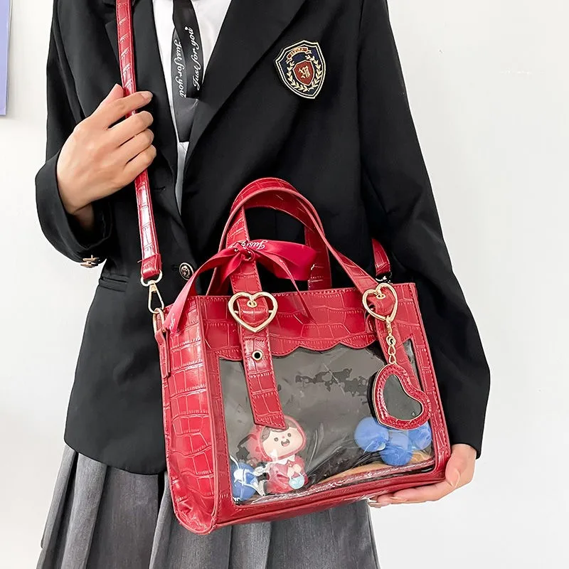 

Sweet Cute Laced Bow Heart Charm Ita Bag Women Anime Crocodile Shoulder Bag Ladies Transparent Leather Large Capacity Handbag