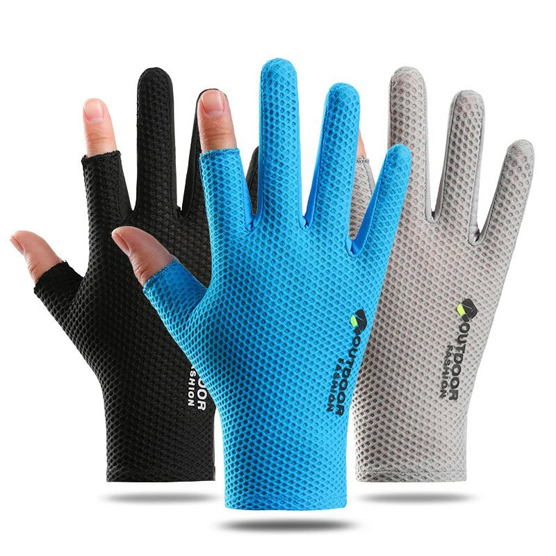

Summer Fishing Gloves for Men Women 2 Finger Cut Breathable Mesh Anti-Slip Sun Protection Hiking Outdoor Stretchy Fishing Gloves