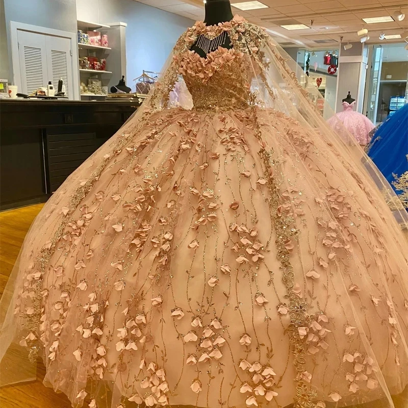 

Champagne Shiny Sweetheart Quinceanera Dress Appliques Lace 3D Flower With Cape Sweet 16 Vestidos De 15 Anos