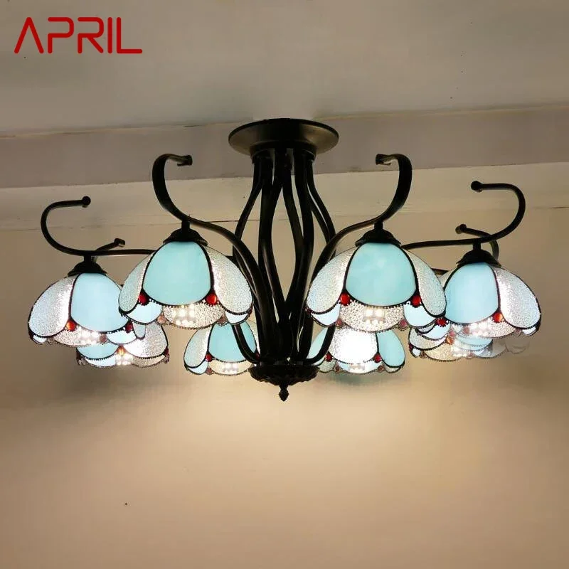 APRIL Tiffany European Living Room Pendant Lamp Mediterranean Sea Creative Color Glass restaurant Bedroom Hotel Chandelier