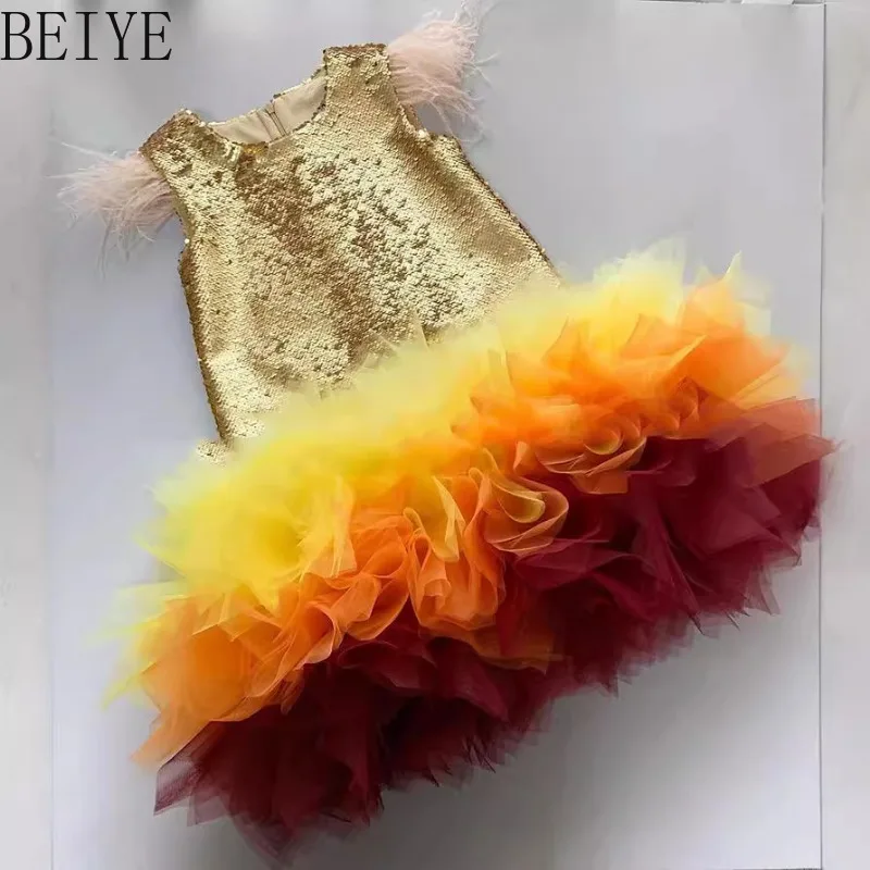 Rainbow Gradient Ruffle Tulle Girls Party Dress Sequined Bodice Feather Sleeveless Toddler Princess Birthday Pageant Gown