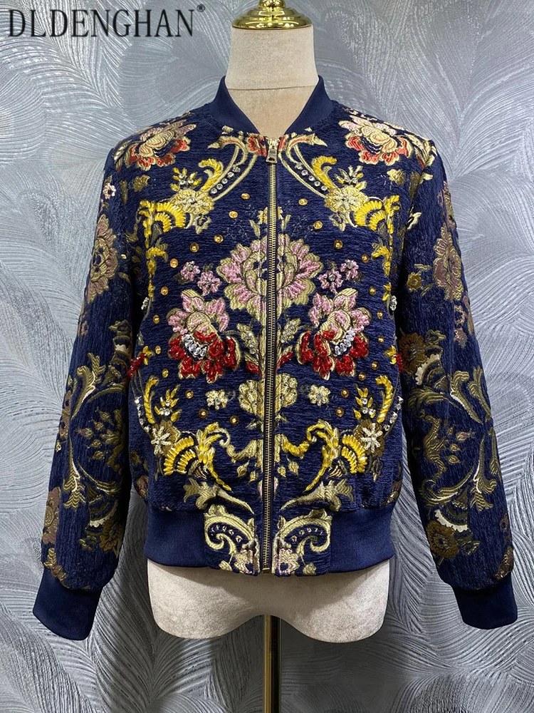 

DLDENGHAN Crystal Beading Jacket For Women O-Neck Long-Sleeved Pocket Vintage Jacquard Jacket Early Autumn Fashion Females
