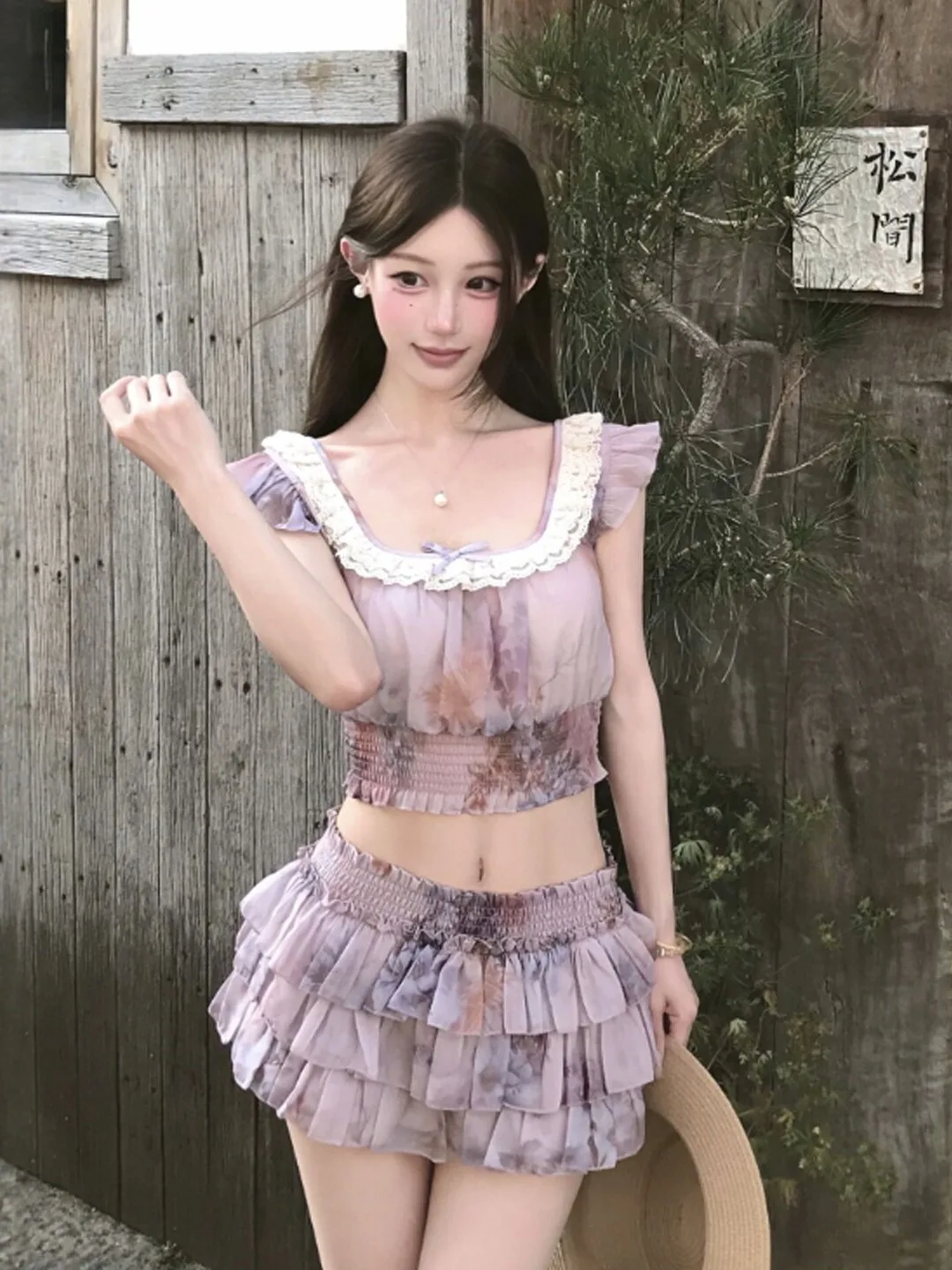 

Pastel Purple Floral Cake Skirt Two-Piece Set Women's Comfortable Fashion Summer Outfit High Waist Short Skirt Gentle Style