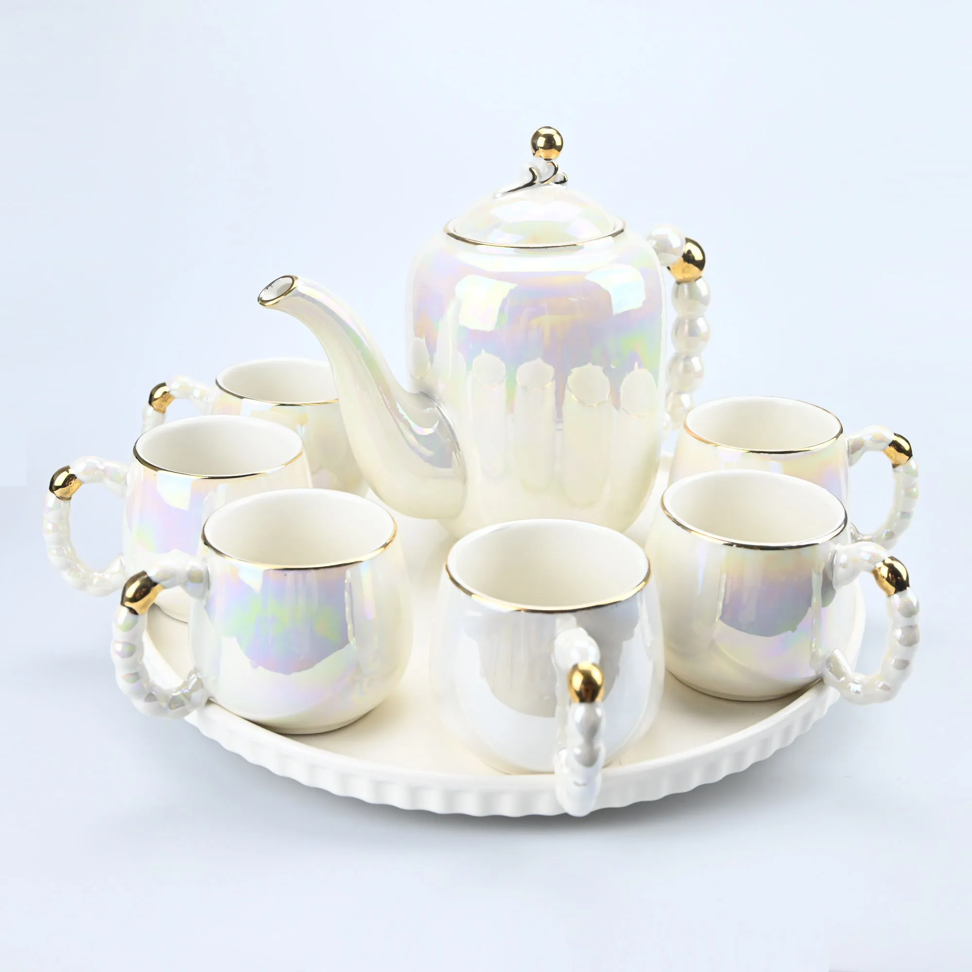 

8pcs porcelain tea set colored glaze - pearl colored ceramic teapot and, coffee, tea, creamer, kettle
