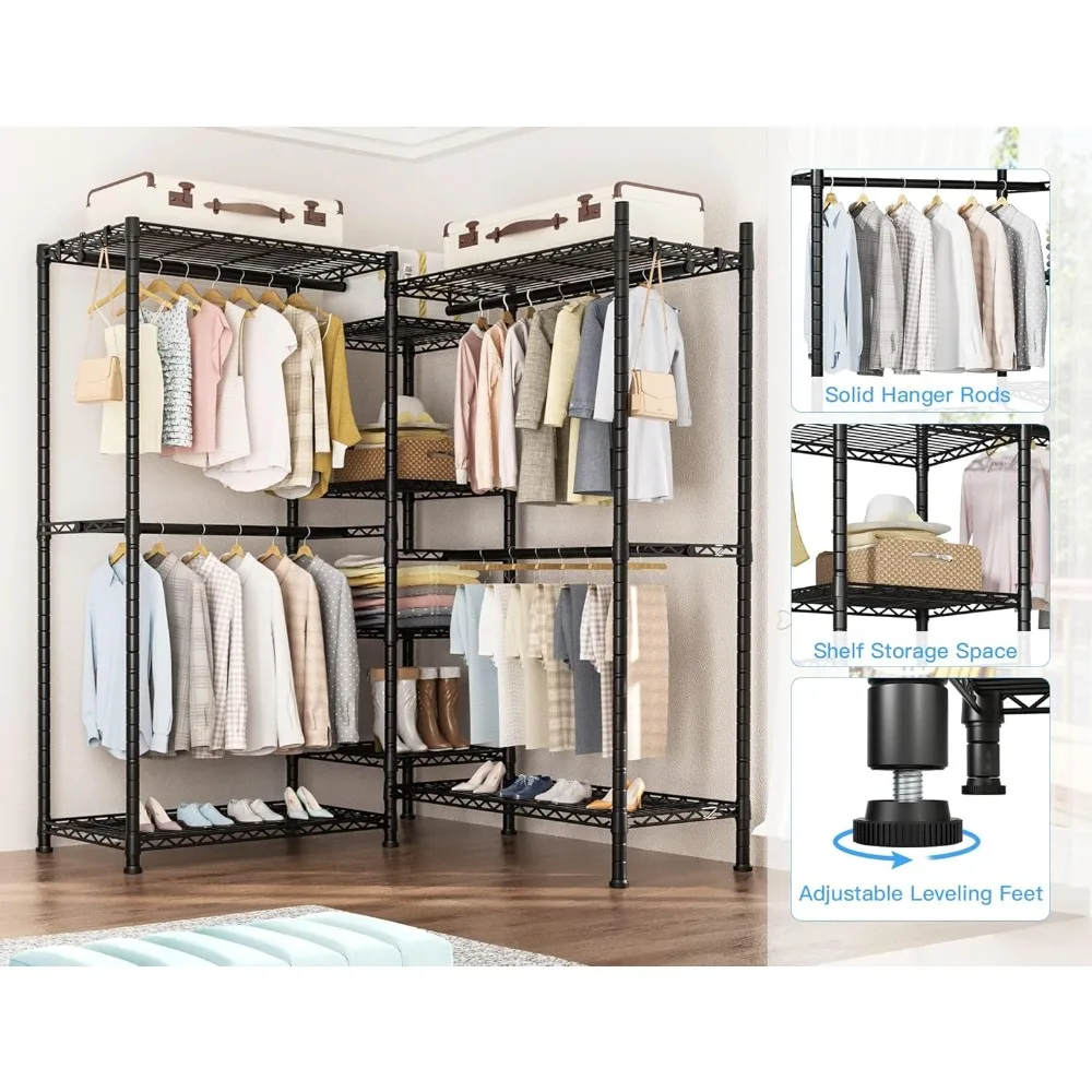 Metal Freestanding Closet Organizer and Storage System, Heavy Duty Clothing Wardrobe with 8 Shelves and 4 Hanger Rods,