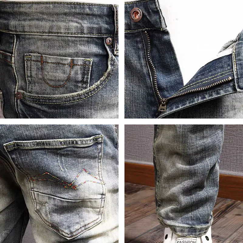 Italian Style Fashion Men Jeans Retro Washed Blue Elastic Stretch Slim Fit Ripped Jeans Men Vintage Designer Denim Pants Hombre