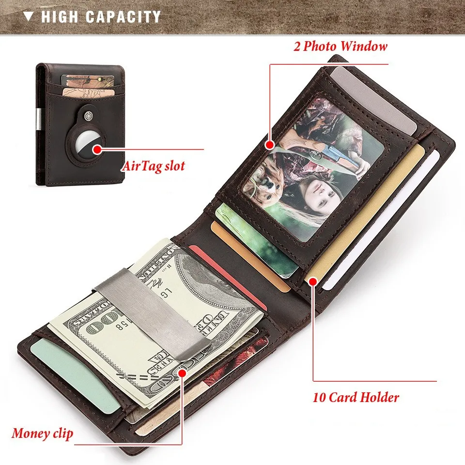 【Genuine Cow Leather】HUMERPAUL Brand Men's Wallet RFID First Layer Cowhide Card Holder AirTag Purse Money Clip