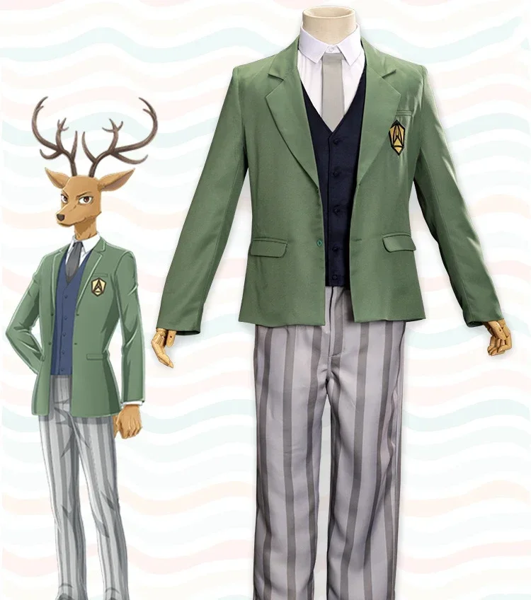 

Anime Beastars Louis Cosplay Costumes Red Dear Legoshi Cherryton Academy Uniform Set Green Suit Shirt Vest Coat Belt Pants Tie