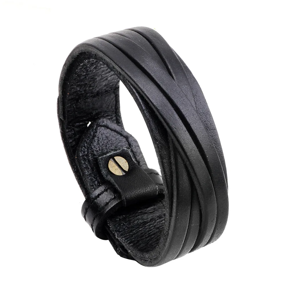 Kirykle Male Cow Leather Bracelets Biker Jewelry Men\'s Bracelet Retro Wristband Bangles Man Jewelry Alloy Buckle  Adjustable