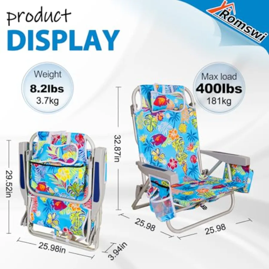 Beach use: aluminum, tropical print, lightweight portability and 5-position lay-flat functionality