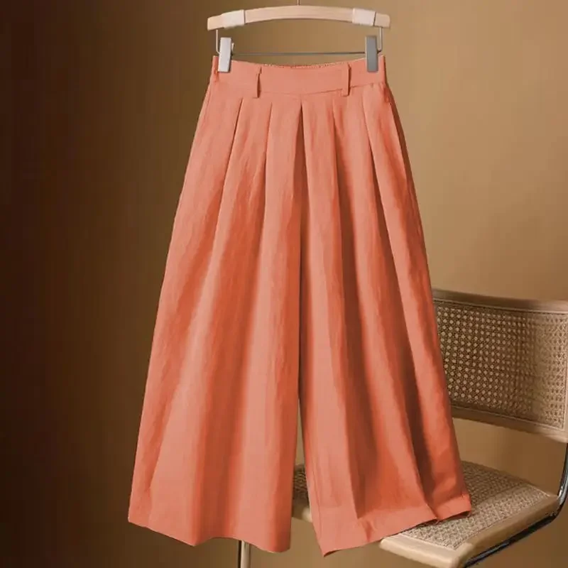 Pantalones de pierna ancha de lino y algodón para mujer en verano finos 2025, nuevos pantalones informales sueltos de siete puntos de cintura alta XQ105