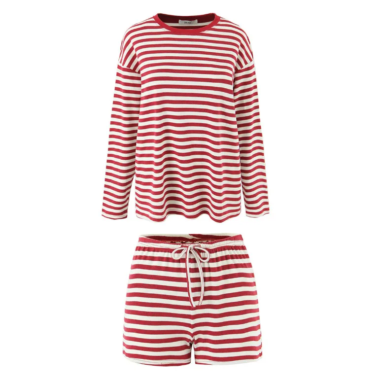 

Autumn Fashion Casual 2 Piece Pant Sets Women Striped Long Sleeve T-shirt Harajuku Tee Shirts Elastic Waist Shorts Female Set