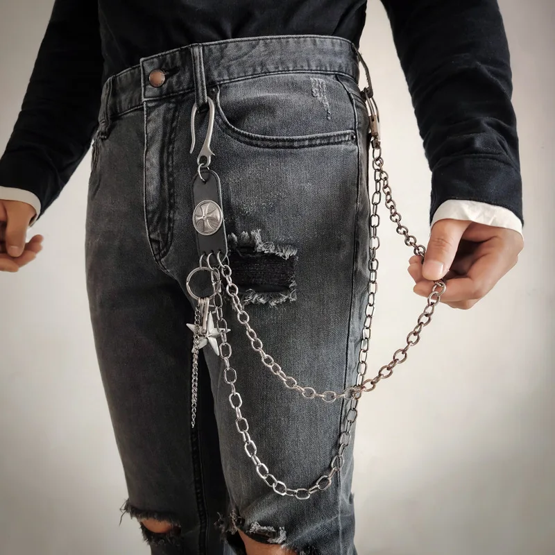 Punk Steet Cowhide Keychains Chain Women Men Star Cross Accessories Rock Goth Pants Waist Belt Chain On Jeans Jewerly