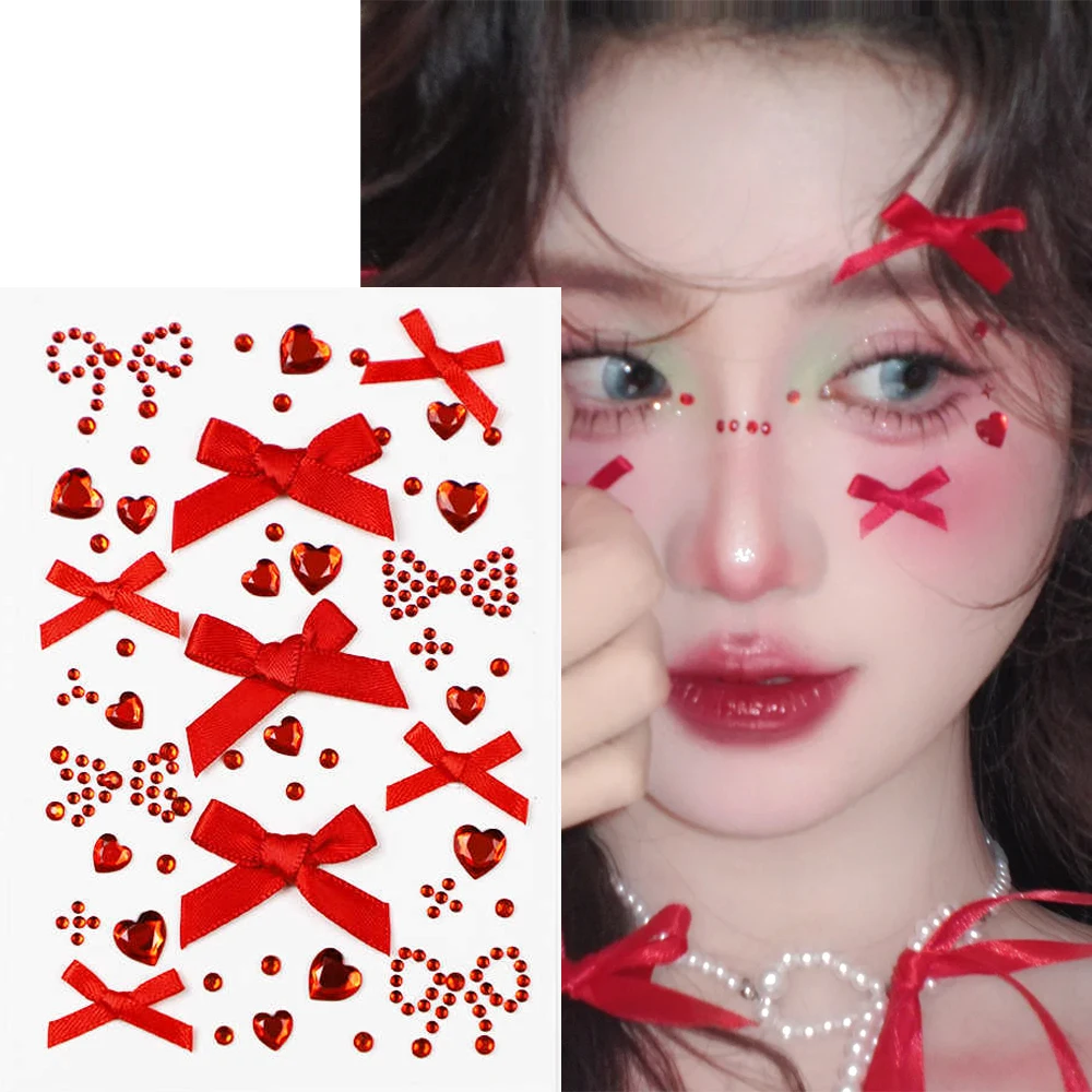 

1 шт. 3D шелковые банты наклейки для лица с красным сердечком и бантом стразами DIY блестящие наклейки для лица украшения на Рождество/Новый год