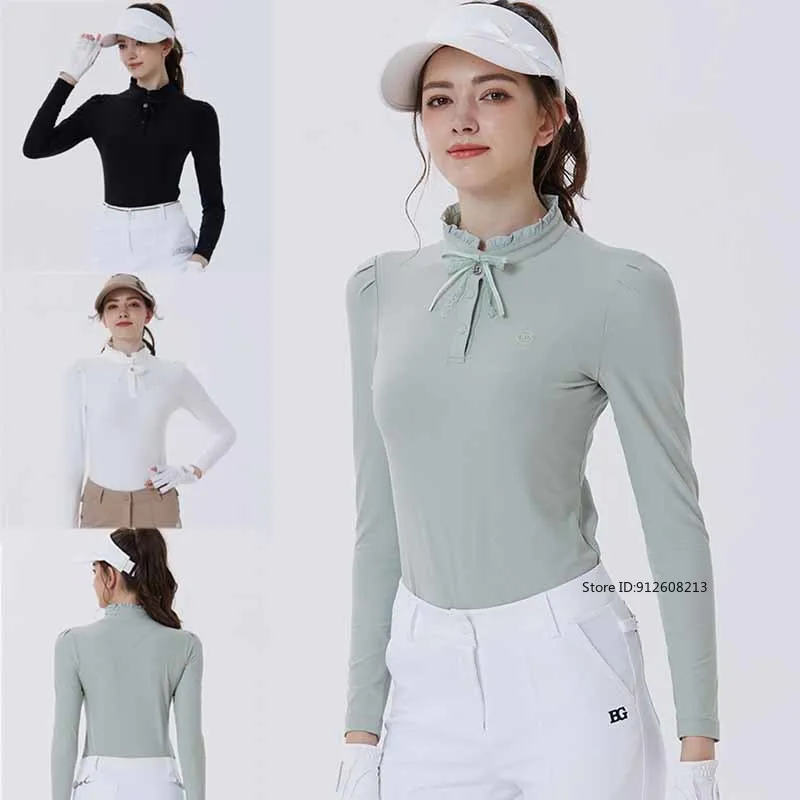PL Fall Spring Golf Polo Shirts Women Ruffle High-end T-shirt Bow Collar Long Sleeve Sports Top Ladies Breathable Golf Apparel