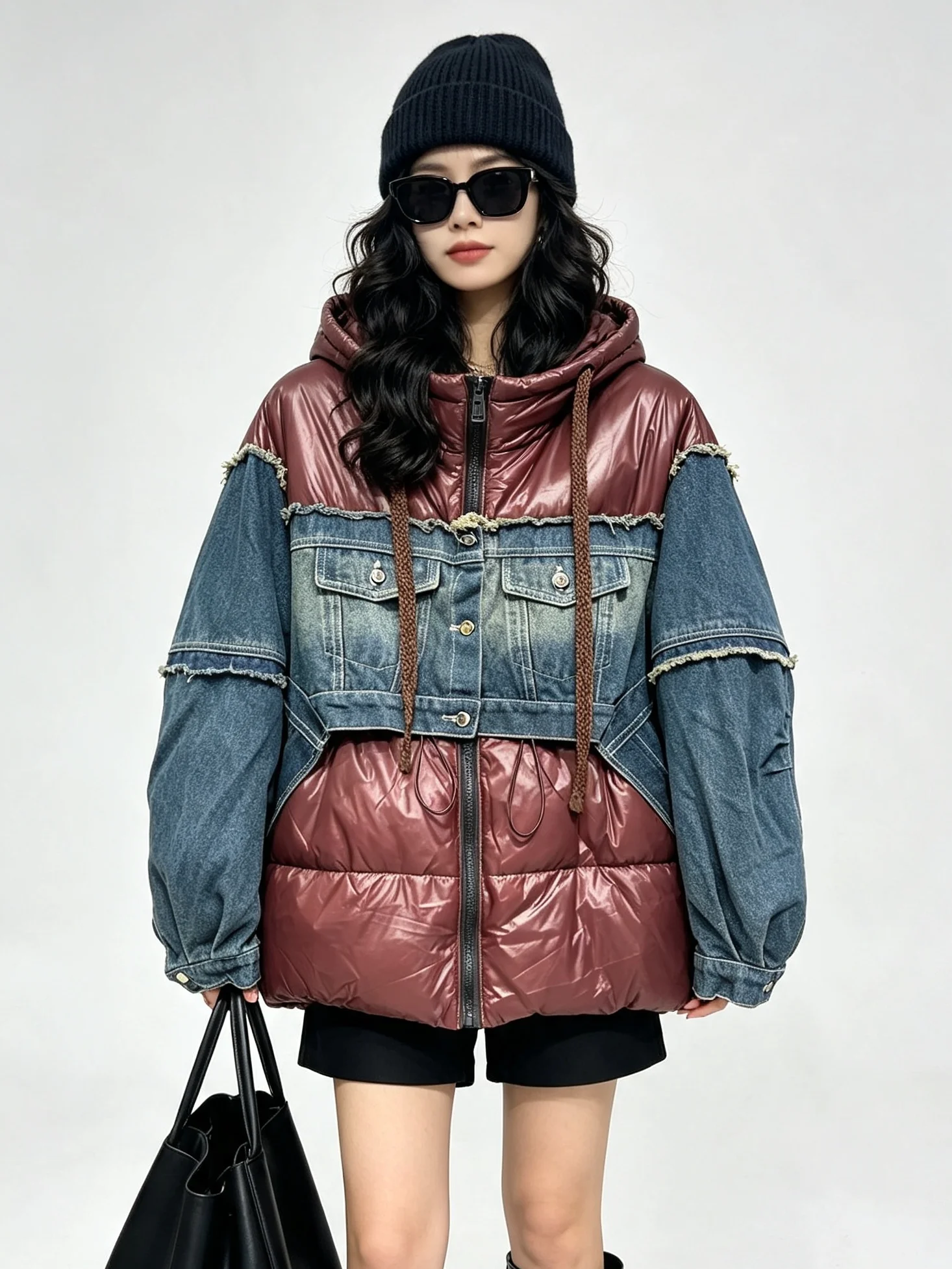 Winter New Women's Down Jacket Loose Hooded Denim Patchwork Jacket