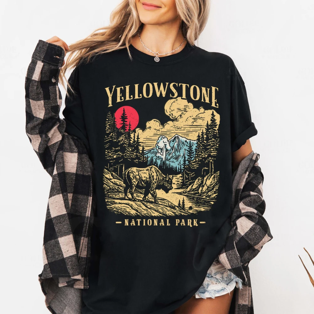 

Винтажная футболка с национальным парком Йеллоустона в стиле ретро, футболка с рисунком парков США, одежда, рубашка с короткими рукавами для мужчин и женщин, всесезонная